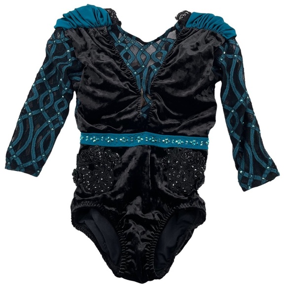 Competition Dance Solo Costume Black Velvet Leotard Teal Accent Rhinestones AXXS - Picture 2 of 14